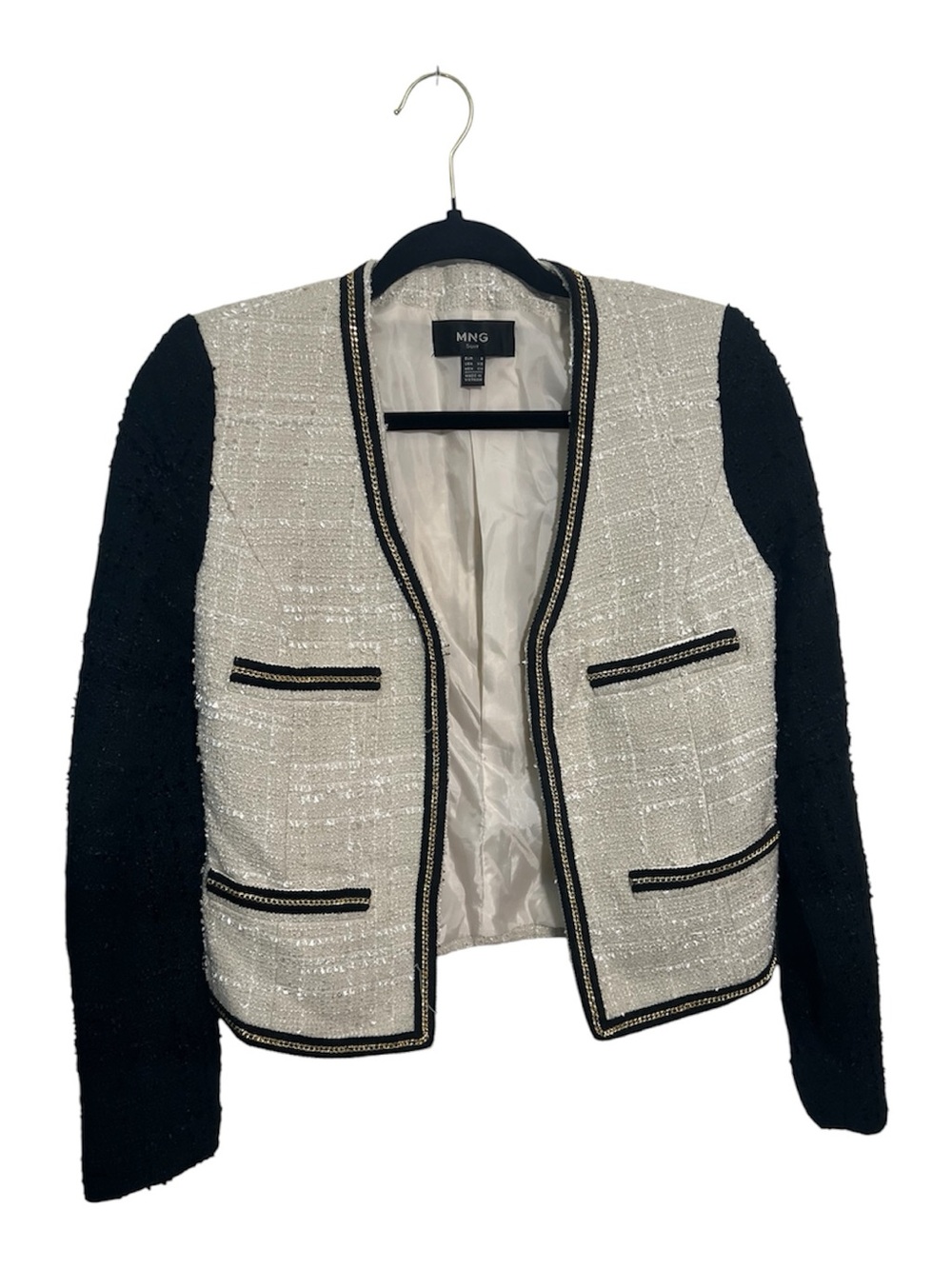 Mango Vintage Black and White Tweed Contrast-Sleeve Jacket